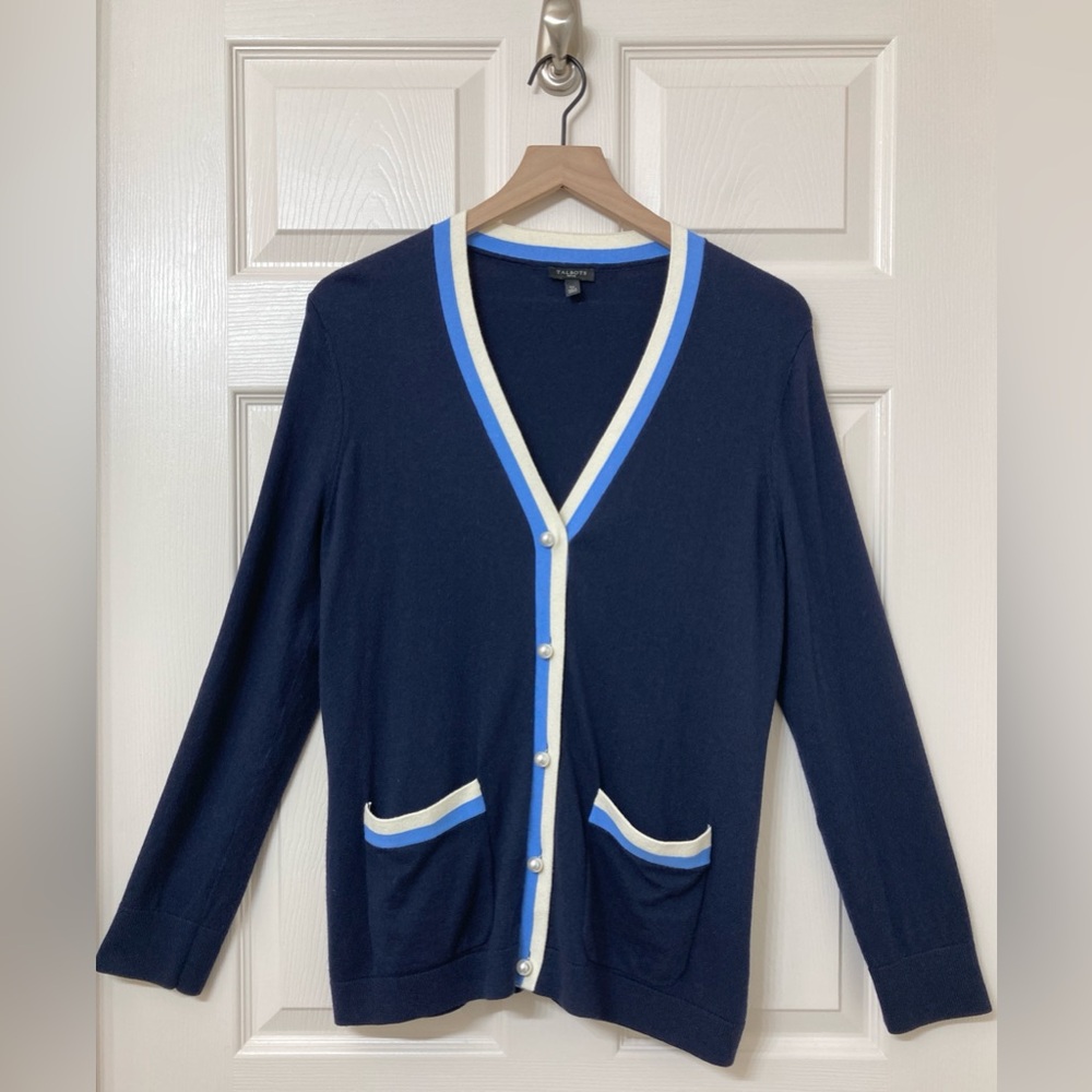 Talbots Cashmere Blend Blue V Neck Cardigan Tennis Sweater Large Varsity Coastal